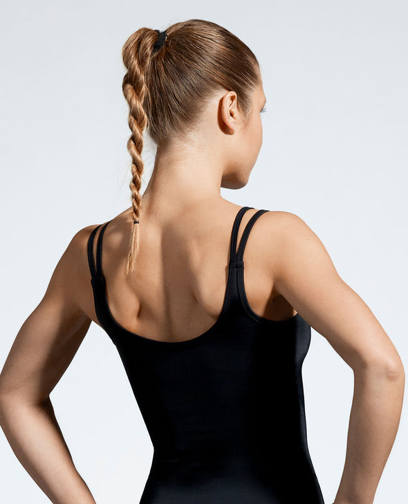 Black, full length Balletto ladies gym top with scoop neck and straps. Made with sustainable premium sports wear fabric, created with yarn from recovered ocean fishing nets. Back View of activewear top
