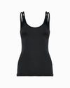 Scultura Activewear Balletto Top. A Sustainable full length black gym top with straps and scoop neck design. Made with recycled premium sports wear fabric, created with yarn from recovered ocean fishing nets.  