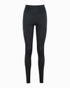 Black sustainable full length leggings. Debutto gym leggings are made with recycled fabric created with ECONYL Regenerated Yarn. Designed and made in London, UK. Front view.