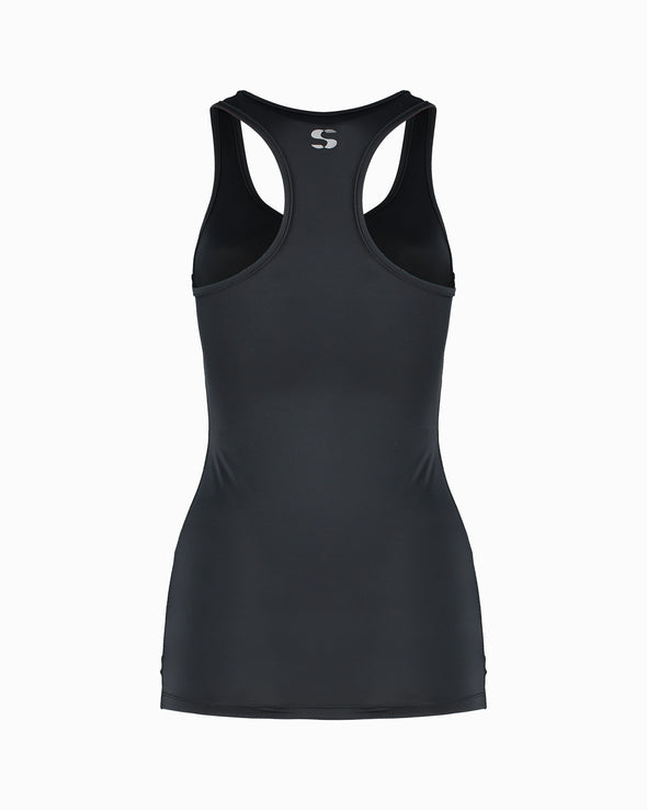 Black sustainable racer back top made with ECONYL Regenerated Yarn. Premium Sustainable Activewear for Women. Made to last and ethically created in London. Reverse image.