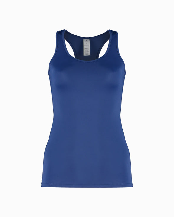Blue Energia sustainable sports top. Debutto gym leggings are made with sustainable fabric created with ECONYL Regenerated Yarn. Designed and made in London, UK. Front view.