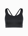Black sustainable women’s sports bra. Women’s Activewear made to last with ECONYL Regenerated Yarn created with recovered fishing nets.  Front view.