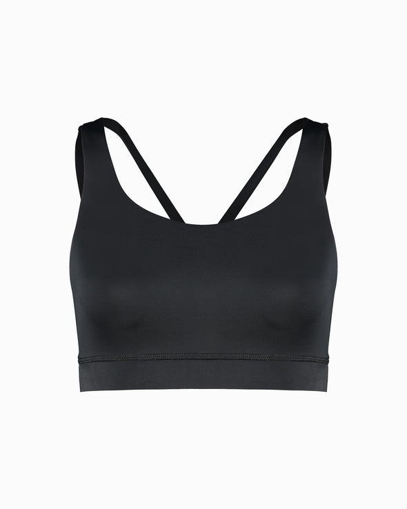 Black sustainable women’s sports bra. Women’s Activewear made to last with ECONYL Regenerated Yarn created with recovered fishing nets.  Front view.