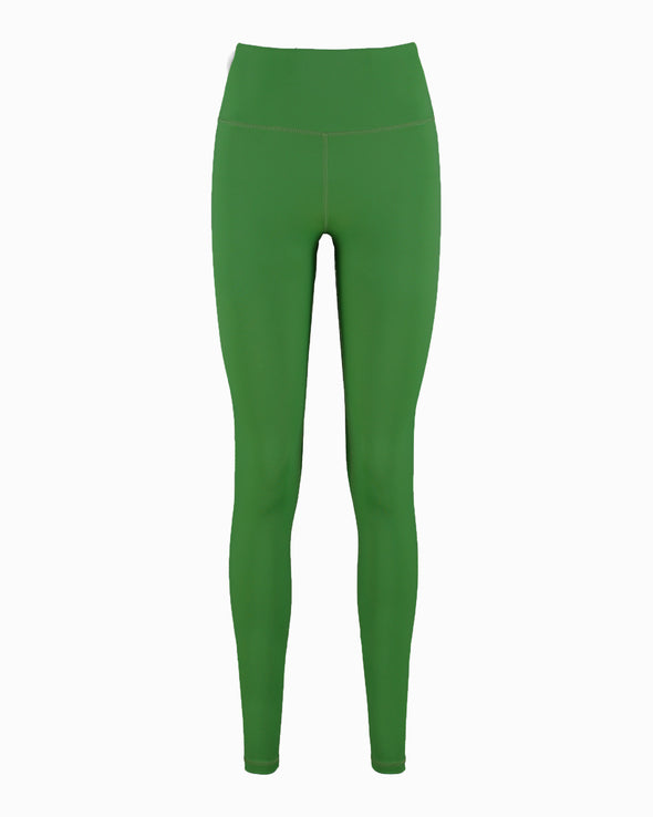 Full length green leggings. Debutto gym leggings are made with sustainable fabric created with ECONYL Regenerated Yarn. Designed and made in London, UK. Front view.