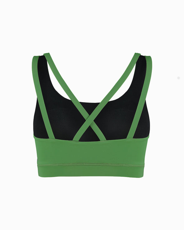 Green sustainable women’s sports bra. Ladies Activewear made to last with ECONYL Regenerated Yarn created with recovered fishing nets.  back view showing cross back straps.