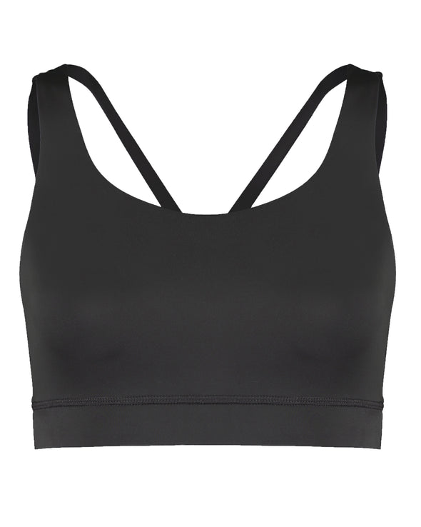 Pebble grey sports bra with cross back straps. Product view.