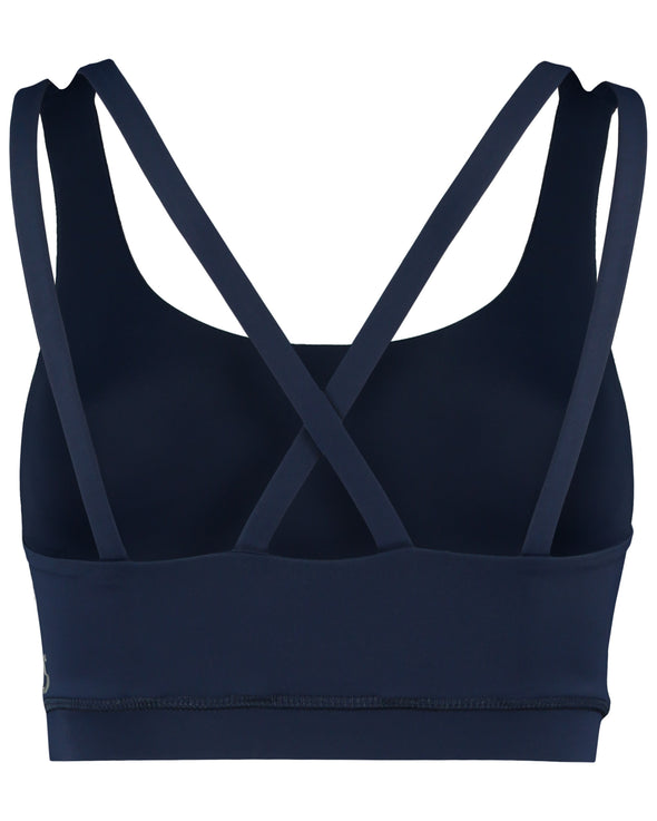 Dark blue navy sustainable gym bra with cross back straps. Premium sustainable activewear in deep blue. Rear view product image. 