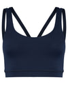 Dark blue navy sustainable sports bra with cross back straps. Premium sustainable activewear in deep blue. Product image.