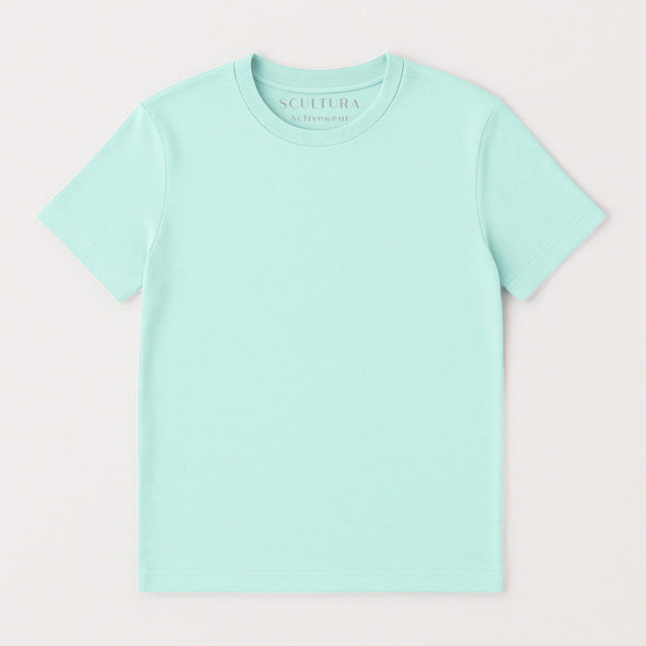 ocean blue short sleeved T-shirt made with 100% organic cotton, a breathable and flattering fit
