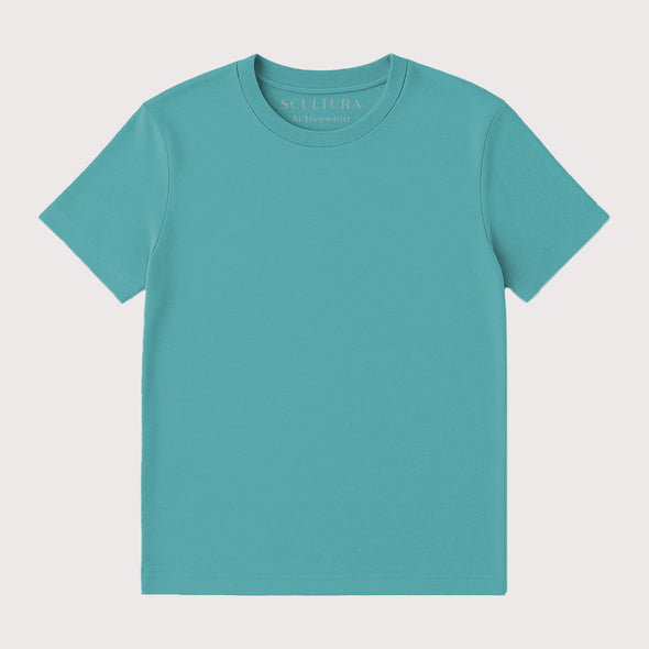 Teal blue women's T-shirt with flattering classic relaxed fit. Made with 100% Organic Cotton and Vegan approved