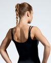 Woman wearing black, full length Balletto gym top with scoop neck and straps. Made with sustainable premium sports wear fabric, created with yarn from recovered ocean fishing nets. Back View of activewear top