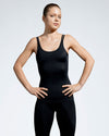 Black, full length Balletto sustainable gym top with scoop neck and straps. Made with sustainable premium sports wear fabric, created with yarn from recovered ocean fishing nets. Front view of activewear top.