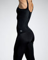 Balletto sustainable black gym top made with recycled premium sports wear fabric created with yarn from recovered ocean fishing nets. Side View showing the Scultura Activewear logo