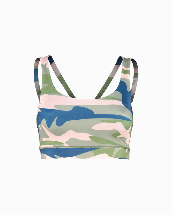 Product shot of Camufarre Sustainable Sports Bra with cross back straps. Featuring a one off camo activewear print created with a purpose by Scultura. Inspired by the ocean and designed to raise awareness of the environmental impact of single use plastic. Created with premium technical Italian fabric made with 100% regenerated yarn from recycled plastic bottles (rPET). Front View.