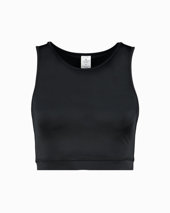Front product shot of black sustainable gym crop. Women's luxury gym wear that is made to last. Made in London with Econyl Fabric from recovered ocean fishing nets. 