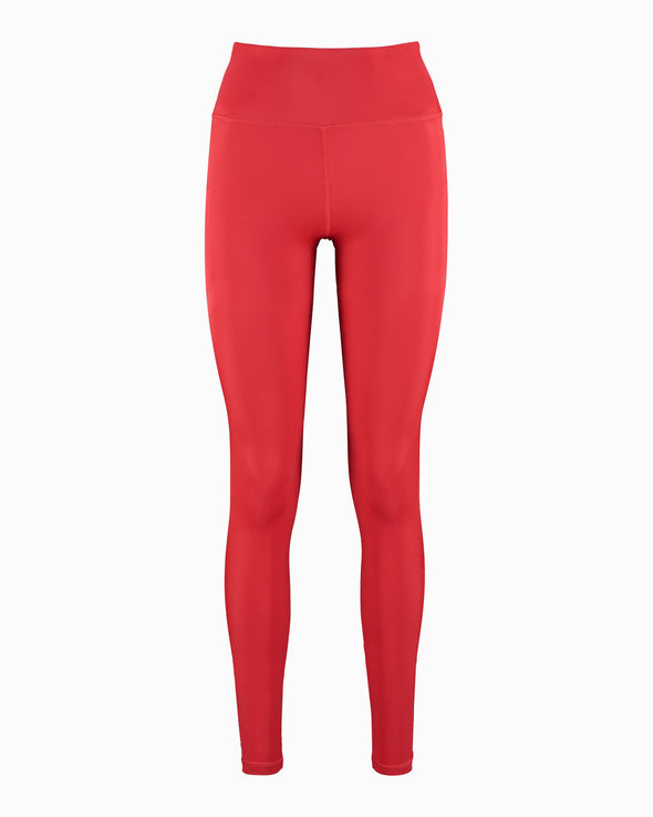 Product shot of full length red leggings. Debutto gym leggings are made with sustainable fabric created with ECONYL Regenerated Yarn. Designed and made in London, UK. Front view.