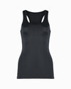 Black sustainable racer back top made with ECONYL Regenerated Yarn. Premium Sustainable Activewear for Women. Made to last and ethically created in London. Front image