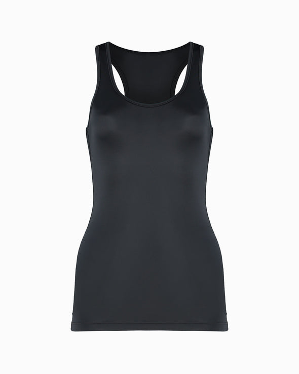 Black sustainable racer back top made with ECONYL Regenerated Yarn. Premium Sustainable Activewear for Women. Made to last and ethically created in London. Front image