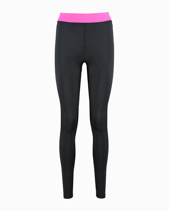 Product shot of pink and black sustainable leggings. Rosa Nera features a colour pop fuchsia waist band. Ladies Sustainable Activewear made to last with premium Italian sports tech fabric created with ECONYL Regenerated Yarn.  Front view.
