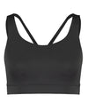 Pebble grey sports bra with cross back straps. Product view.