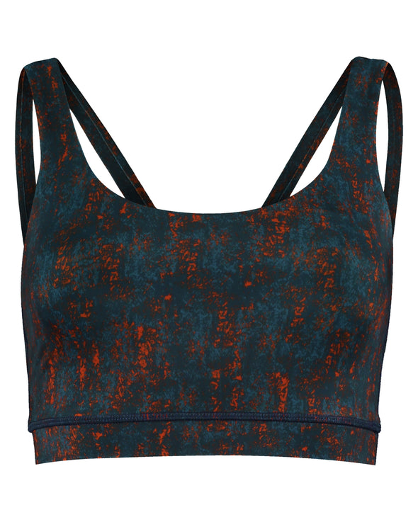Product image of Sienna print sustainable ladies sports bra. Made with luxury sportswear fabric from recycled yarn.