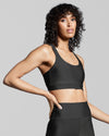 Pebble grey gym bra from New Horizons collection of sustainable activewear. Dark grey sports bra front view.. 
