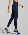 New Horizons fitness leggings in deep blue. Premium sustainable activewear. Navy blue gym leggings.
