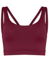 Bergundy true berry sustainable sports bra. Product view. 