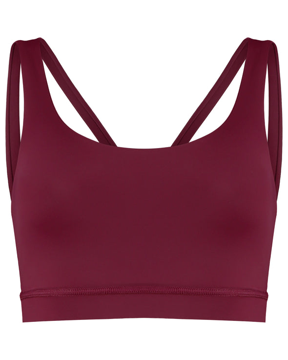 Bergundy true berry sustainable sports bra. Product view. 