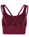 True berry burgundy sustainable gym bra. Product back view.