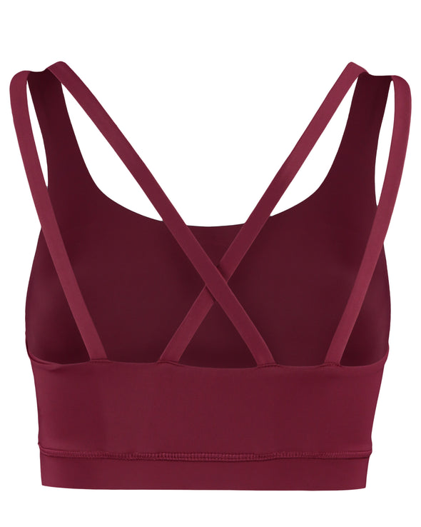 True berry burgundy sustainable gym bra. Product back view.
